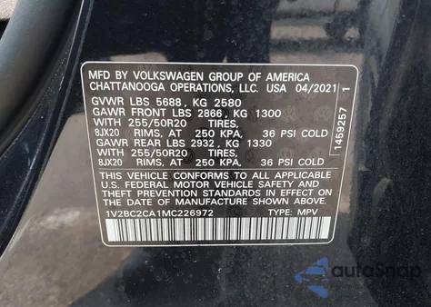 2021 Volkswagen Atlas Cross Sport 2.0T Sel from USA, damaged, VIN 1V2BC2CA1MC226972